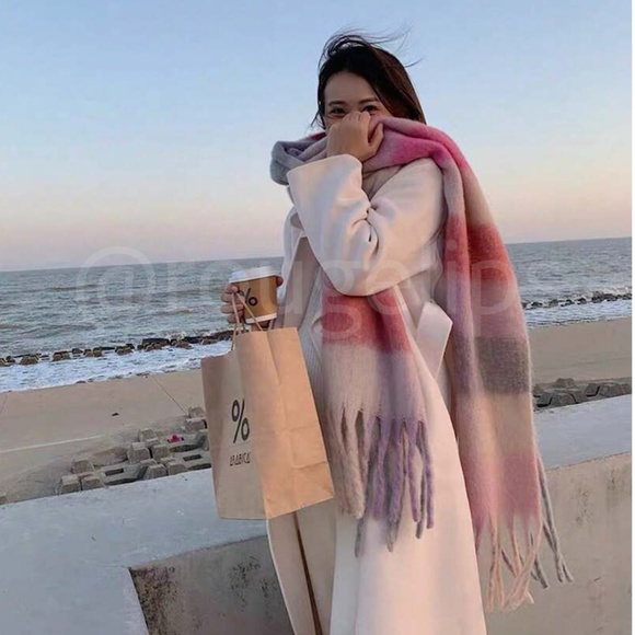 Colorblock Plaid Pastel Colors Wide Scarf Shawl Pink Beige Tan Cream Fringe - Picture 2 of 6